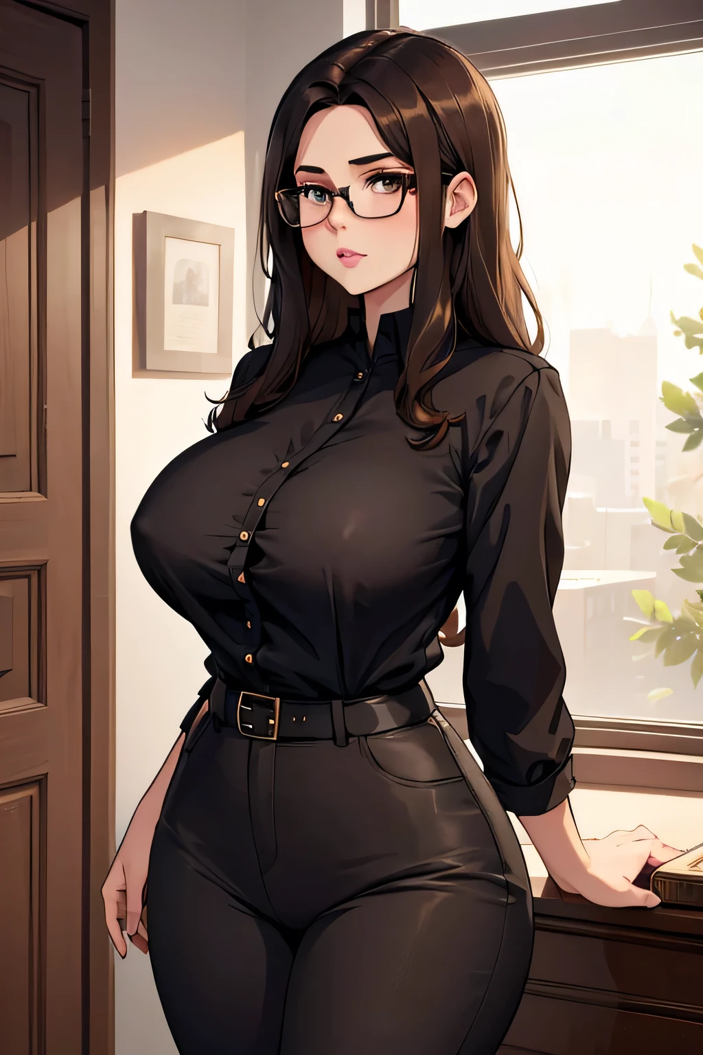 absurdres, high res, ultrasharp, 8K, masterpiece, 1girl, long hair, , no bangs, dark brown hair, curvy huge , glasses, secretary outfit, big tited-up bra blouse, formal look, tight pants, braless blouse 