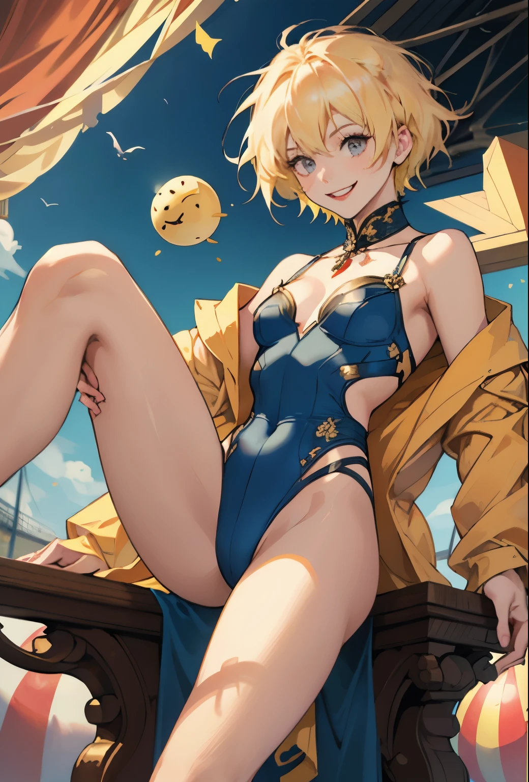 girl, whole body, short hair, Blonde, small, yellow, smile,Circus広場, Lion, Red and navy blue costume,High leg衣装,Circus,Beast Charmer,High leg,