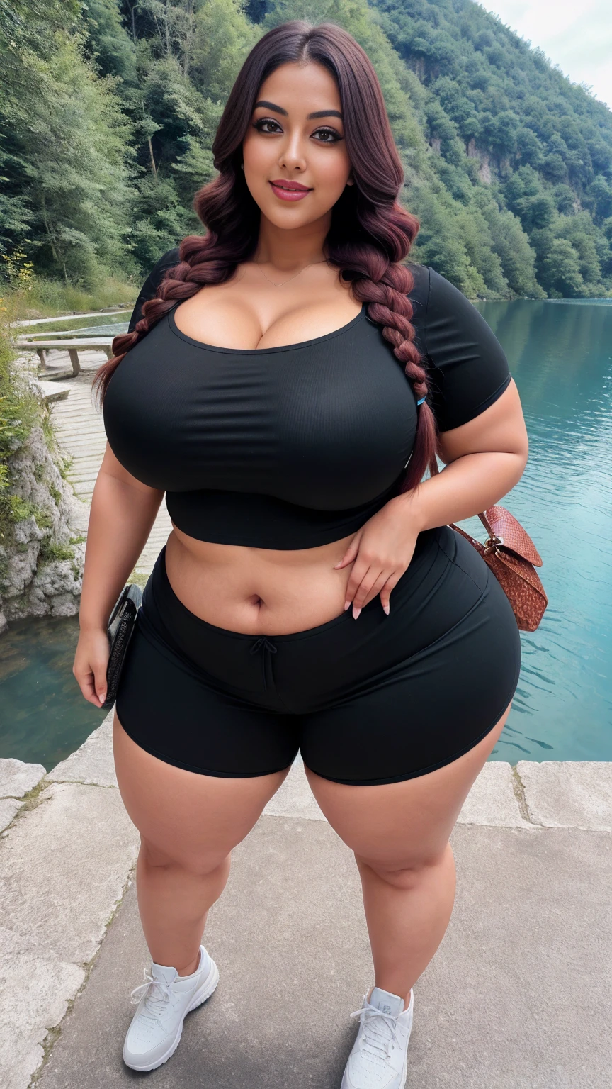 gorgeous curvy plus size Indian bengali actress ritavori , glowing eyes, wearing SHEIN Young Boy Spider Print Short Sleeve T-Shirt And Shorts Set With Bag  Color: Red , covered Bust, parted lips, blushing cheeks, thick thighs, bigger waist, busty, curvy plus size body, full body, full body shot, head to toe view, smoothning burgendy color hair with pfrench braid hairstyle, hourglass body, curvy plus size body, smile face, bigger waist, busty, big hips, fleshy thighs, thick thighs, busty, full body view, ultra detail, high resolution, ultra detailed, best quality, amazing, top quality, extremely detailed CG unity 8k wallpaper, full body view, Dubai Marina, UAE: Modern waterfront with skyscrapers and yachts.
