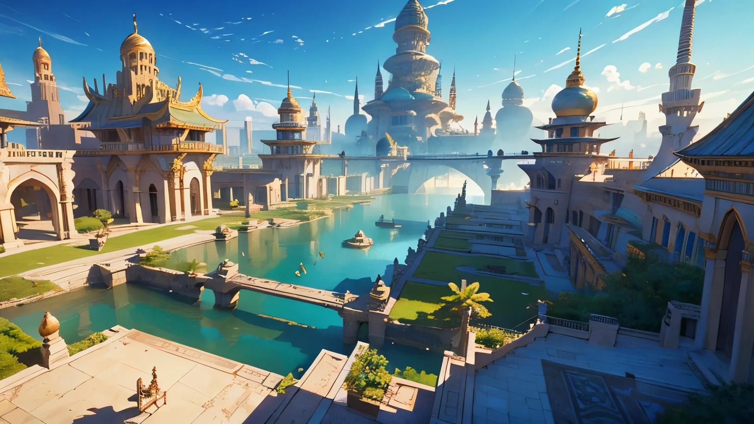 (best quality,4k,8k,highres,masterpiece:1.2),ultra-detailed,(realistic,photorealistic,photo-realistic:1.37),wide angle, bird eye view, fantasy capital city, desert oasis city, there is a large building with a waterfall in the middle of it, huge futuristic temple city, lost city of atlantis, futuristic desert palace, futuristic persian palace, ancient city, fantasy architecture, egyptian environment, city of atlantis, elven palace of ghemathar, in a futuristic desert palace, extravagant matte painting, ancient city landscape, floating gardens, golden statues of gods, celestial music filling the air, tranquil atmosphere, hidden treasure caverns, serene temples, floating palaces, pulsating energy, airships gliding through the sky, endless adventures, lush greenery, illuminated canals, ornate architecture, ethereal floating platforms ,glowing gems, enchanted waterfalls, bustling marketplaces, vibrant colors, sunlit skies, exquisite craftsmanship, grandiose entrances, secret passageways, mysterious statues, winding sandstone streets, whispering, picturesque bridges, arched doorways, dragon statues, mythical creatures, stunning mosaics, intricate details, harmonious blend of cultures, folklore-inspired murals, floating lanterns, celestial patterns,