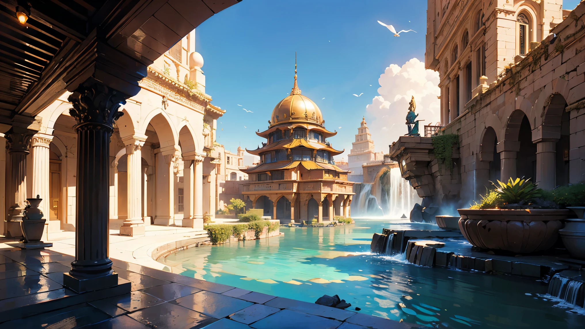 (best quality,4k,8k,highres,masterpiece:1.2),ultra-detailed,(realistic,photorealistic,photo-realistic:1.37),wide angle, bird eye view, fantasy capital city, desert oasis city, there is a large building with a waterfall in the middle of it, huge futuristic temple city, lost city of atlantis, futuristic desert palace, futuristic persian palace, ancient city, fantasy architecture, egyptian environment, city of atlantis, elven palace of ghemathar, in a futuristic desert palace, desert extravagant matte painting, ancient city landscape, floating gardens, golden statues of gods, celestial music filling the air, tranquil atmosphere, hidden treasure caverns, serene temples, floating palaces, pulsating energy, airships gliding through the sky, endless adventures, lush greenery, illuminated canals, ornate architecture, ethereal floating platforms ,glowing gems, enchanted waterfalls, bustling marketplaces, vibrant colors, sunlit skies, exquisite craftsmanship, grandiose entrances, secret passageways, mysterious statues, winding sandstone streets, whispering, picturesque bridges, arched doorways, desert statues, mythical creatures, stunning mosaics, intricate details, harmonious blend of cultures, folklore-inspired murals, floating lanterns, celestial patterns,