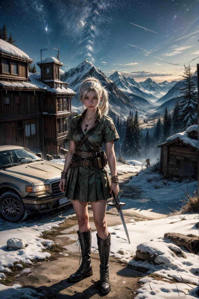 (masterpiece, best quality:1.2), cowboy shot, weissvale, expressionless, closed mouth, looking at viewer, long white hair, side ponytail, scar on eye, t-shirt, skirt, belts, boots, sword, jewelry, necklace, earrings, standing with crowd in city ruins on hill, overlooking valley, (crowd in military uniforms) BREAK night, stars, moon, snow, BREAK mountains in background, waterfall, vehicle wreck, , (crowd in military uniform), bonfires, post-apocalypse, dystopian future,