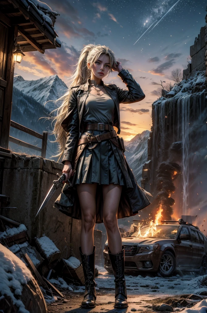 (masterpiece, best quality:1.2), cowboy shot, weissvale, expressionless, closed mouth, looking at viewer, long white hair, side ponytail, scar on eye, t-shirt, skirt, belts, boots, sword, jewelry, necklace, earrings, standing with crowd in city ruins on hill, overlooking valley, (crowd in military uniforms) BREAK night, stars, moon, snow, BREAK mountains in background, waterfall, vehicle wreck, , (crowd in military uniform), bonfires, post-apocalypse, dystopian future, 
