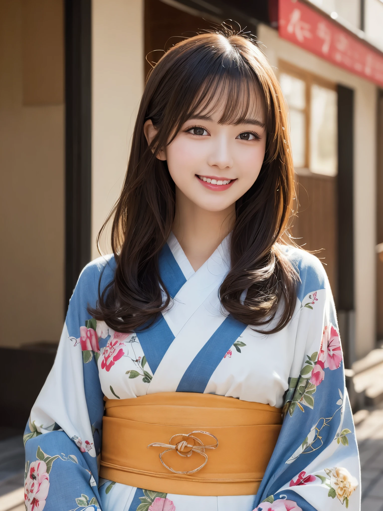 masterpiece, best quality, illustration, ultra-detailed, finely detailed, high resolution, 8K wallpaper, perfect dynamic composition, beautiful detailed eyes, festival, kimono, long hair, cheerful expression, cute, smile, looking at camera