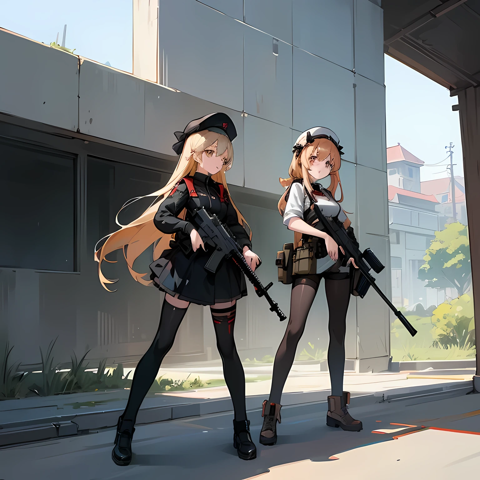 Anime girls with guns and hats standing in front of a building., an illustration of Kamagurka, pixiv, neoism, frontline girls style, from frontline girls, frontline girls cg, frontline girls, fine details. frontline girls, frontline girls universe, m4 sopmod ii frontline girls, anime maid ss military, anime machine gun fire