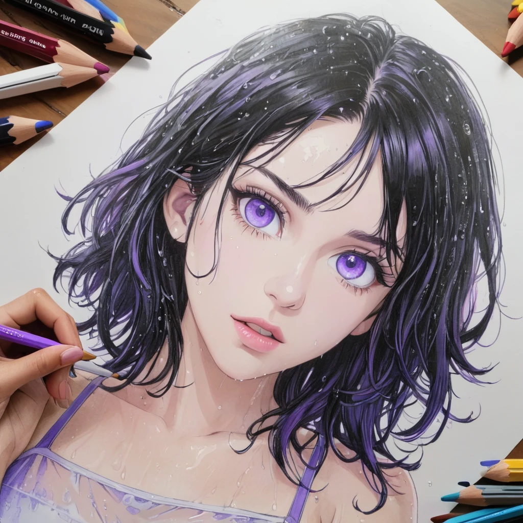 Raven，short wet transparent camisole，dark hair and violet eyes, white，accurate perfect hands, Art，ad，colour pencil drawing，draft drawing ，comic collage，illustration