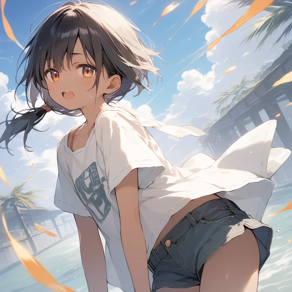 score_9, score_8_up, score_7_up, source_anime, best quality, masterpiece, official art, absurdres, highres, ultra-detailed,waifu2x,Collection: Slice of Life,break,1girl, tomboy, dark-skinned female, short hair, low ponytail, flat chest, beautiful detailed eyes, shorts, sweat, open mouth, (yawn:0.3), sleepily, outdoors, wind,break,(clear line illustration:1.2), super detailed skin,very high resolution, very aesthetic, Best sexual lighting powered by famous artist, 8k,cute picture,beauty illustration,photoshop_(medium),,(Detailed Lighting),best anime 8k konachan wallpaper, pixiv contest winner,