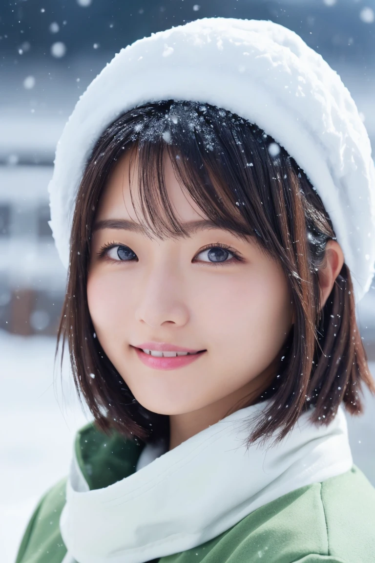 Beautiful Japanese Women,(Winter clothes:1.2), 20-year-old、Light green coat、Snow Hat, (RAW Photos, Highest quality), (reality, Realistic:1.4), Clean look、Iris、very detailed eyes and face, Beautiful and detailed nose, beautiful eyes, Perfect Anatomy, Black short hair, bangs、Crystal skin, A cool smile、Face Focus、 The background is snowy mountains、The weather is snow、