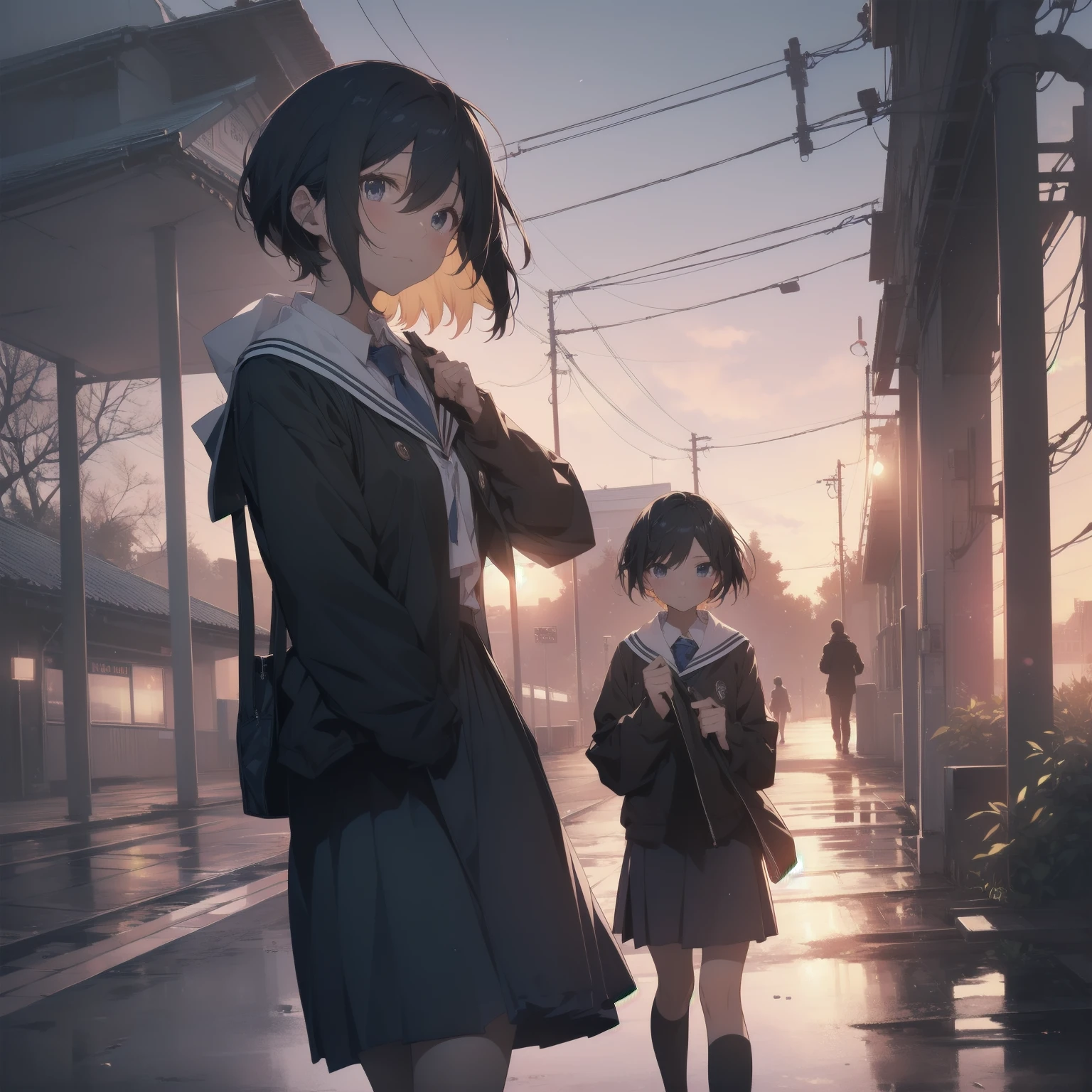 ultra-absurdres-Top quality by artist God, ultra-detailed, high resolution, anime moe artstyle, best anime 8k konachan wallpaper, pixiv contest winner, pool:2810, perfect anatomy,break, 1girl, (Please draw a girl walking sleepily to school alone. )break,(Solo,little female, 13-year-old:1.3),Full limbs, complete fingers,a junior high school student, (very short hair), short cut, flat chest, , small butt, small black eyes, beautiful detailed eyes, well-proportioned iris and pupils, expressive eyes, highres detailed hair, soft expression, salor school_uniform, sailor collar, serahuku, bow, pleated skirt,(Detailed Lighting), (Detailed background), in the School commute route. break,super detailed skin, Best cinematic lighting powered by famous artist, 8k,beauty illustration,photoshop_(medium),very aesthetic,break,((artist:haruhisky )), artist:clamp ,artist:carnelian ,artist:kantoku ,
