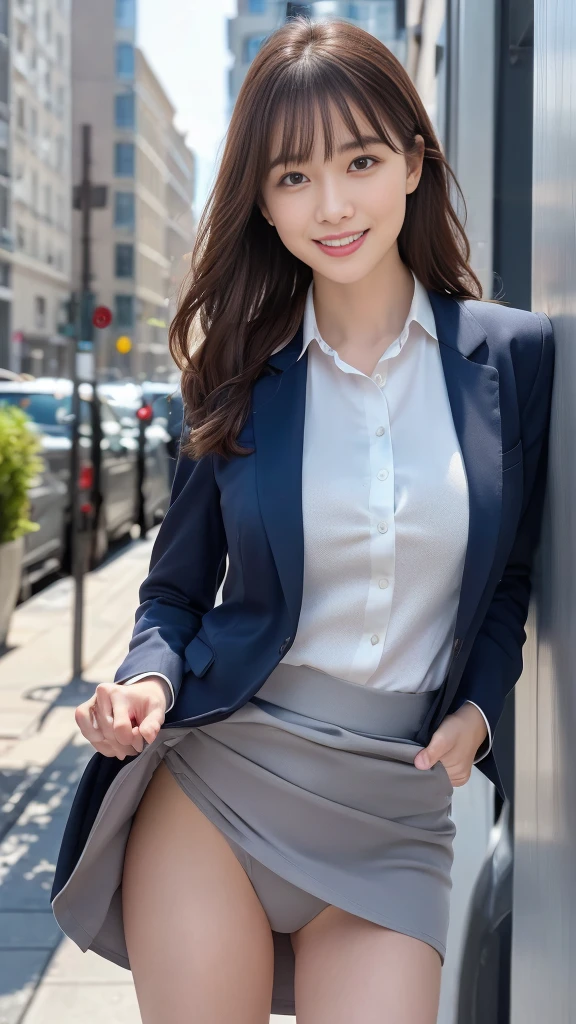 Woman in a suit standing on the sidewalk,((25-year-old woman))、small Breasts、Dark brown hair color、Hairstyle with bangs、Various hairstyles、Hairstyles of different lengths、(8k, RAW Photos, highest quality, Tabletop: 1.2),、(Realistic, Realistic: 1.3), Cityscape, Day, Sunny Morning, Professional Lighting, Photon Mapping, shirt, (Woman in a suit,) Silk Suit、Pencil Skirt、Tight Skirt、((Delicate photo))，(Detailed RAW Photos of Girls), (Tabletop:1.25), (highest quality:1.6), (超A high resolution:1.5), (Realistic:1.75), 8k resolution, Canon EOS R5, 50mm, absurdes, Ultra-detailed,Cinema Lighting, (Skirt Lift)、nsfw、the wind is strong、smile、Skirt flipped up、sexy white panties