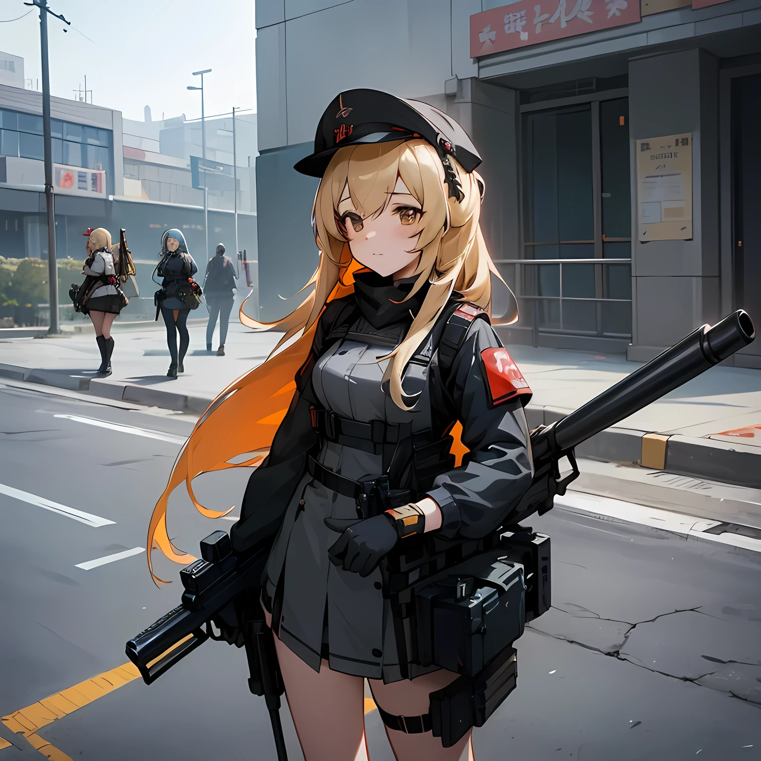 Anime girls with guns and hats standing in front of a building., frontline girls style, from frontline girls, frontline girls cg, frontline girls, fine details. frontline girls, frontline girls universe, m4 sopmod ii frontline girls, anime maid ss military, anime machine gun fire, Kantai Collection Style, de Arknights, mechanized soldier girl, infantry girl