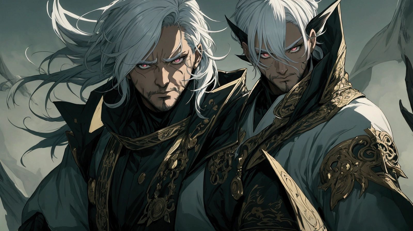 make this character into anime art style, man face, white hair, change background