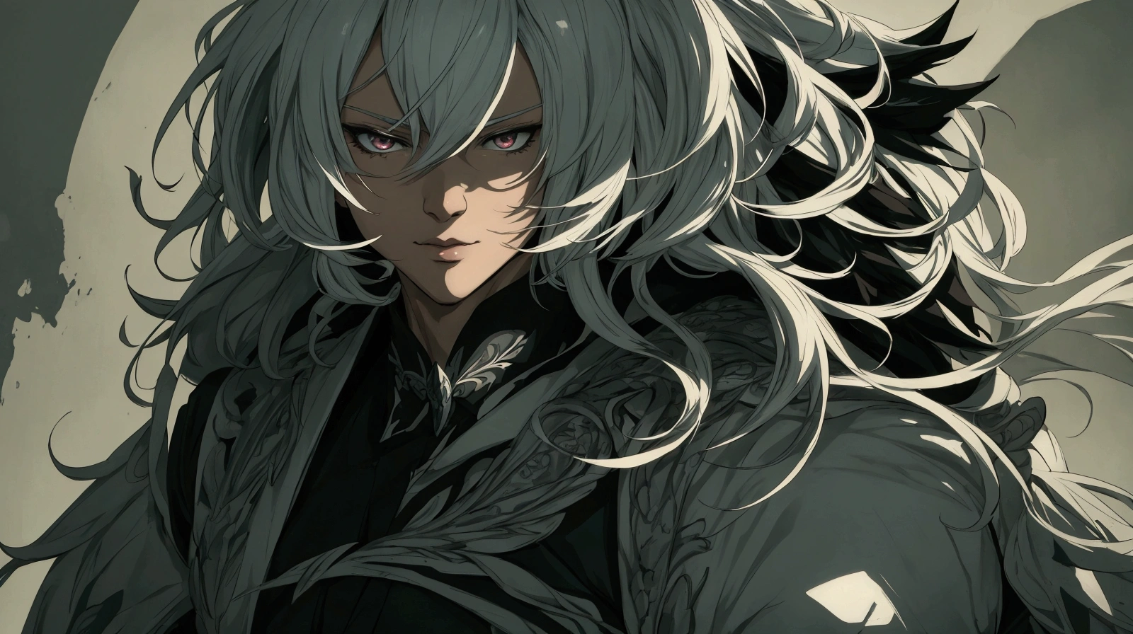 make this character into anime art style, man face, white hair, change background 