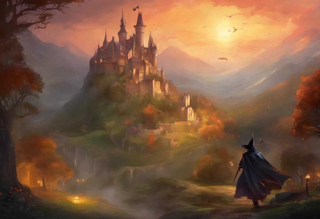 Concept Art, The face is precise, The face is dense, A lone vampire hunter wearing a jet black cape and jet black traveler's hat., A dynamic scene of a beautifully decorated long sword being swept away., In the background is a medieval castle in twilight