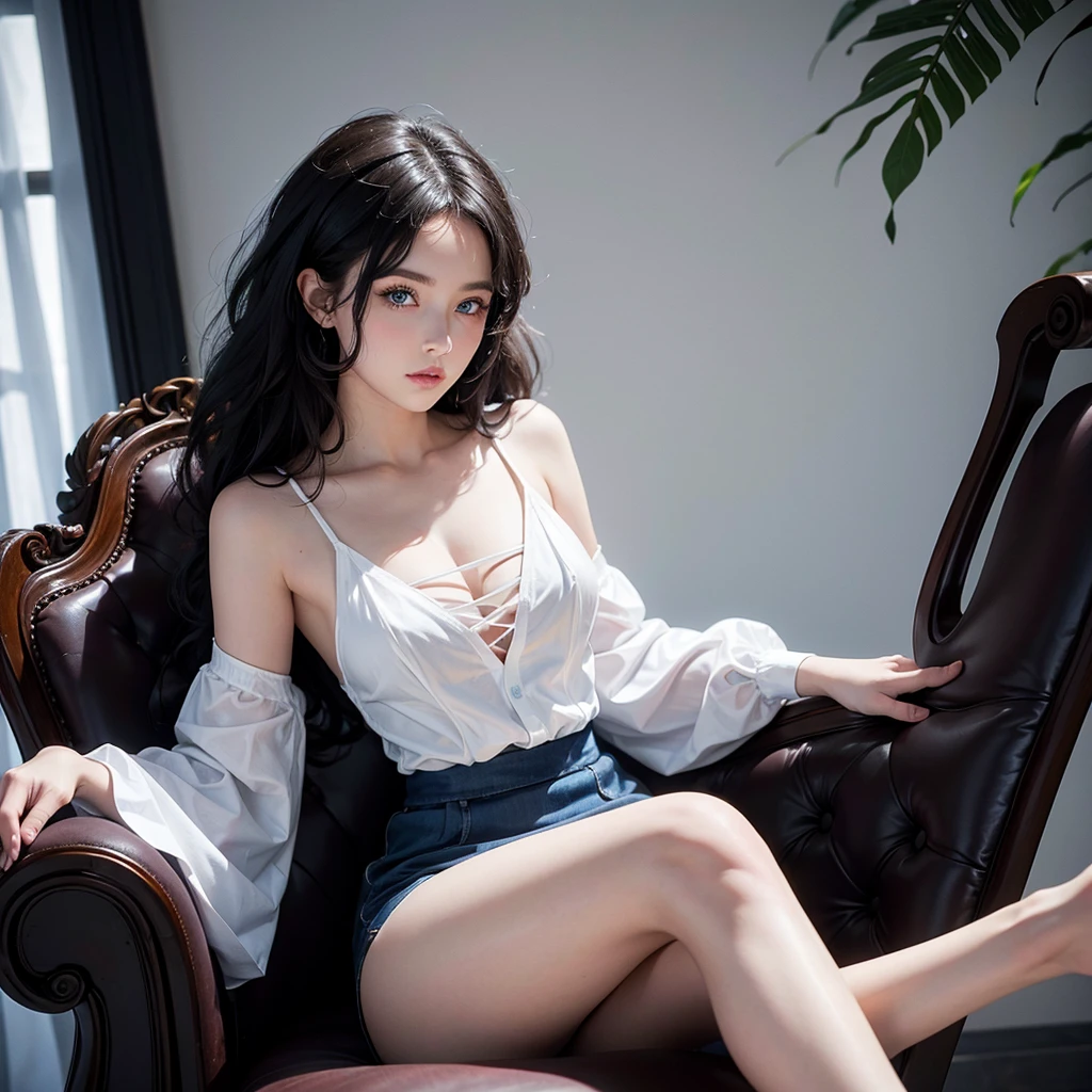 White woman with blue eyes, sultry posing, black and curly hair, sitting in a chair