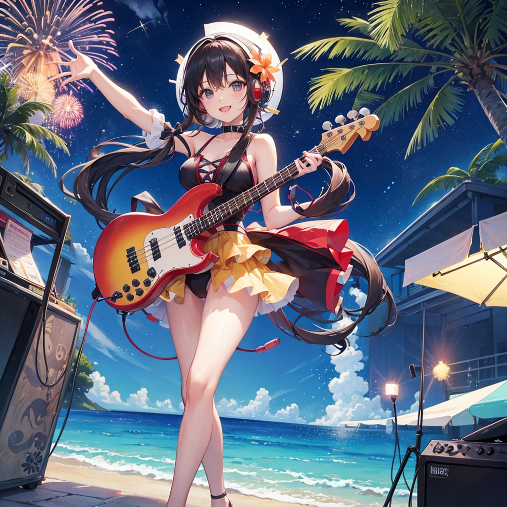 One Woman singer(Swimwear) Have a bass guitar headphone tropical、Outdoor Stage(evening Fireworks in the background) smile )