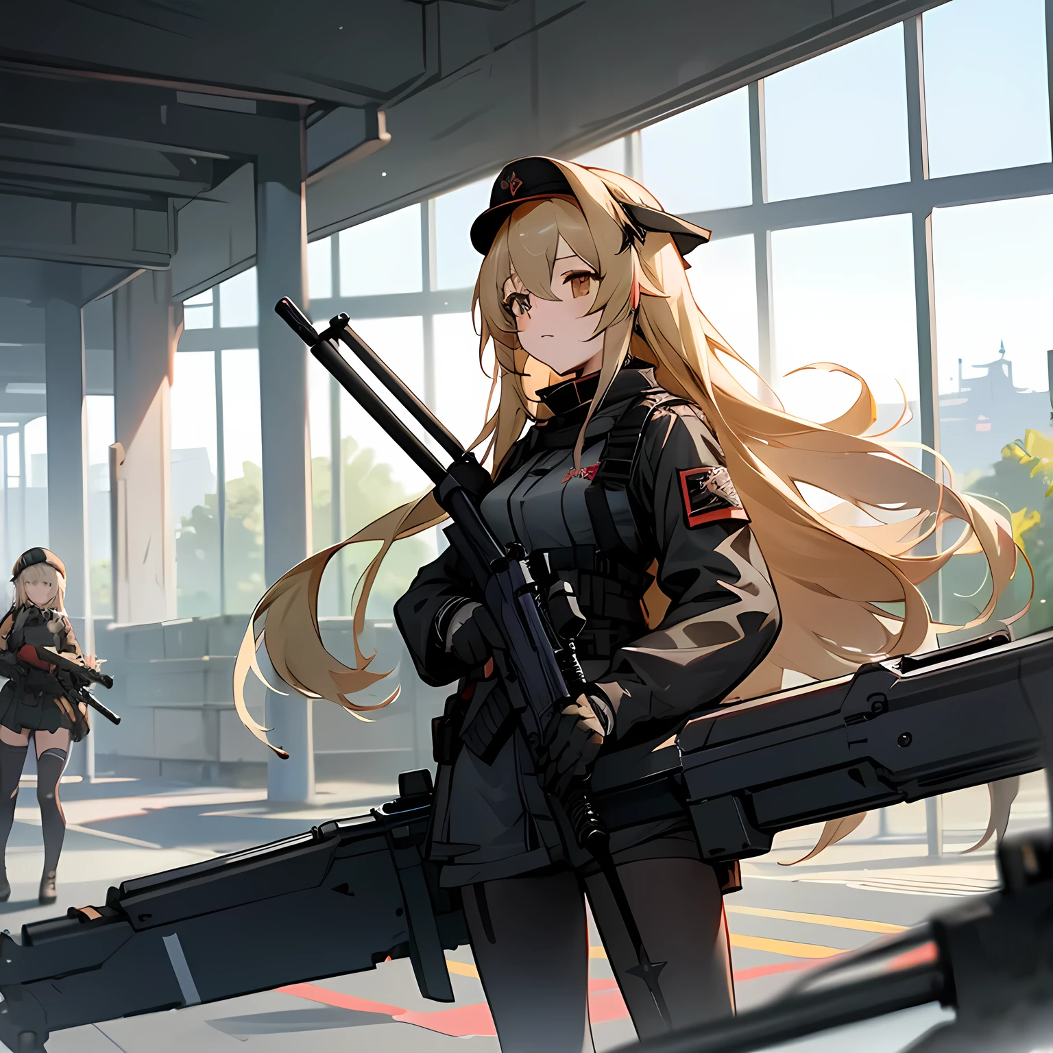 Anime girls with guns and hats standing in front of a building., frontline girls style, from frontline girls, frontline girls cg, frontline girls, fine details. frontline girls, frontline girls universe, m4 sopmod ii frontline girls, anime maid ss military, anime machine gun fire, Kantai Collection Style, de Arknights, mechanized soldier girl, infantry girl