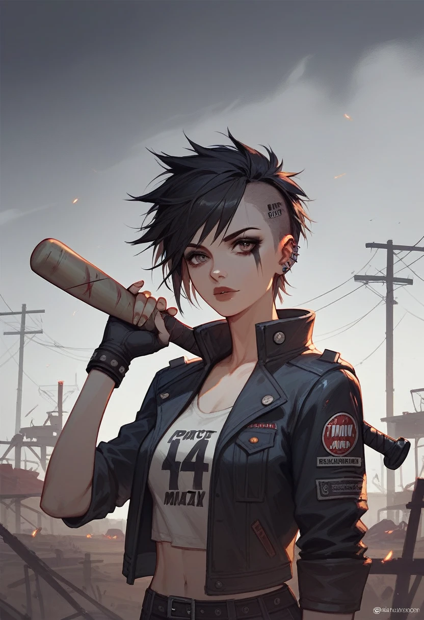 (Fraction_9,Fraction_8_Direction_7_up),1 Woman,Half Body,Wasteland,punk,Mad Max,Second Dimension,short hair,jacket,Baseball bat,