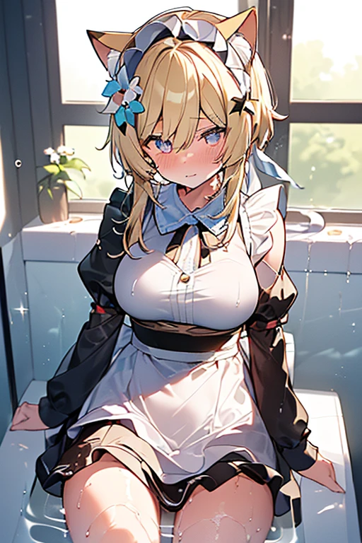 (Ultra high quality:1.6), (Highest quality:1.4), (Attention to detail:1.4), (Ultra-high resolution:1.6), (Detailed face:1.6), (Perfect Face:1,6), (Beautiful Eyes:1,6), (Detailed eyes:1.6), (Maid clothes, White apron, Headband, Black Dress, Blue ribbon, Maid clothes, Classic, Small breasts, Long:1.4), (白と黒のMaid clothes:1.6), (Blonde, Blue Eyes, Cat ear:1.5), cute, The best smile, Soaking wet, (Water droplets all over the body, 全身White foamまみれ:1.4), (Swimming in clothes, bathing, Bathroom, Longの浴槽:1.6), (relax, Relax:1.6), (Bubble bath:1.4, White foam:1.4), (Soak in the bathtub fully clothed, Submersion:1.6), (胸までSubmersion:1.6), 衣服にもWhite foam, つま先から胸までSubmersion, White bubble