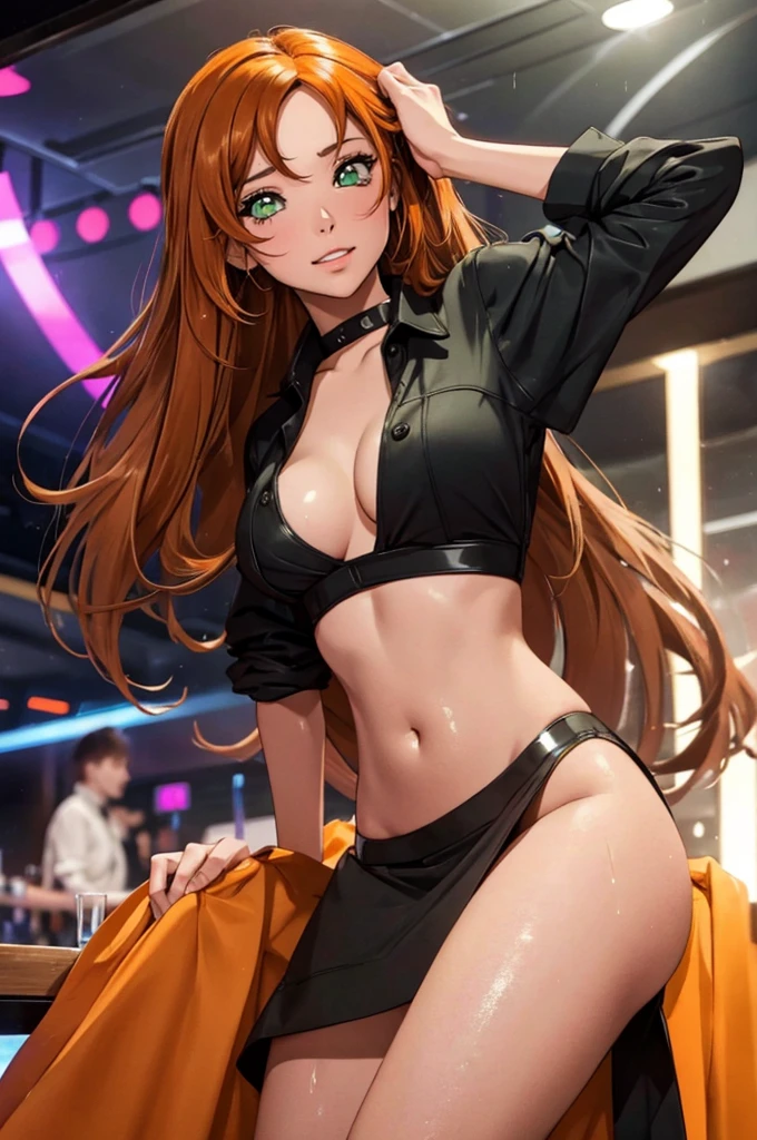 girl at a nightclub sitting at bar, eyeliner (masterpiece) (best quality) (detailed) (8k) (HDR) (wallpaper) (cinematic lighting) (sharp focus) (intricate) long orange brown hair, biting lip,  slutty outfit, sexy, blush, aroused, cleavage, shiny , wet skin, girl, dark makeup, acting flirty, (((dancing in club))), long abdomen, hmshir, long hair, green eye
