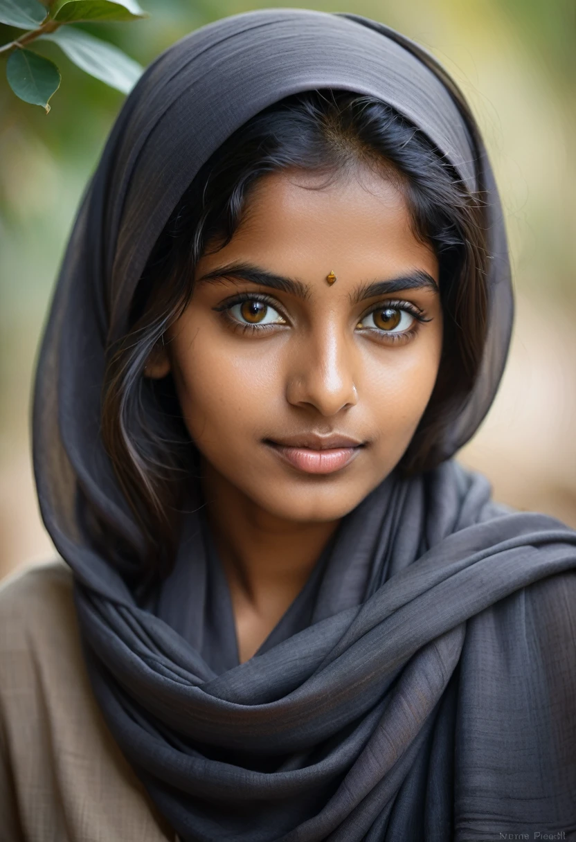 Create a portrait of a young Sri Lankan woman with long, dark hair and captivating hazel eyes. She is wearing a dark headscarf and a matching scarf draped gracefully around her neck. The background is softly blurred, focusing attention on her serene and natural expression. The overall color palette is muted and warm, enhancing the intimate and authentic feel of the portrait.