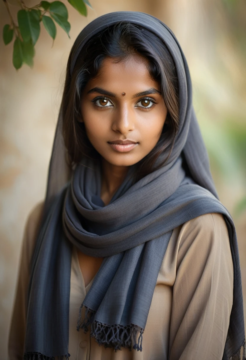 Create a portrait of a young Sri Lankan woman with long, dark hair and captivating hazel eyes. She is wearing a dark headscarf and a matching scarf draped gracefully around her neck. The background is softly blurred, focusing attention on her serene and natural expression. The overall color palette is muted and warm, enhancing the intimate and authentic feel of the portrait.