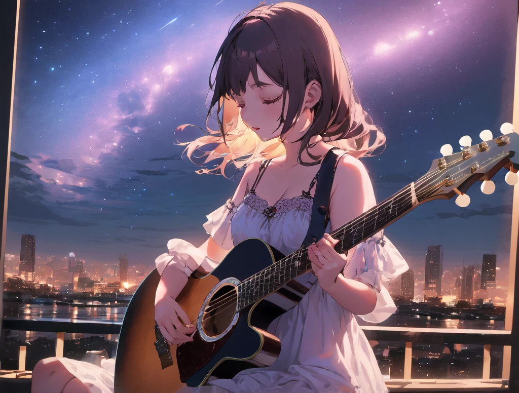 playing guitar in dark city, soft lighting, peaceful atmosphere, digital art, calm, quiet, relaxing, calming, dreamy, gentle music, cinematic, soft focus, calm colors, pastel, nightgown, acoustic guitar, starry sky, night scene