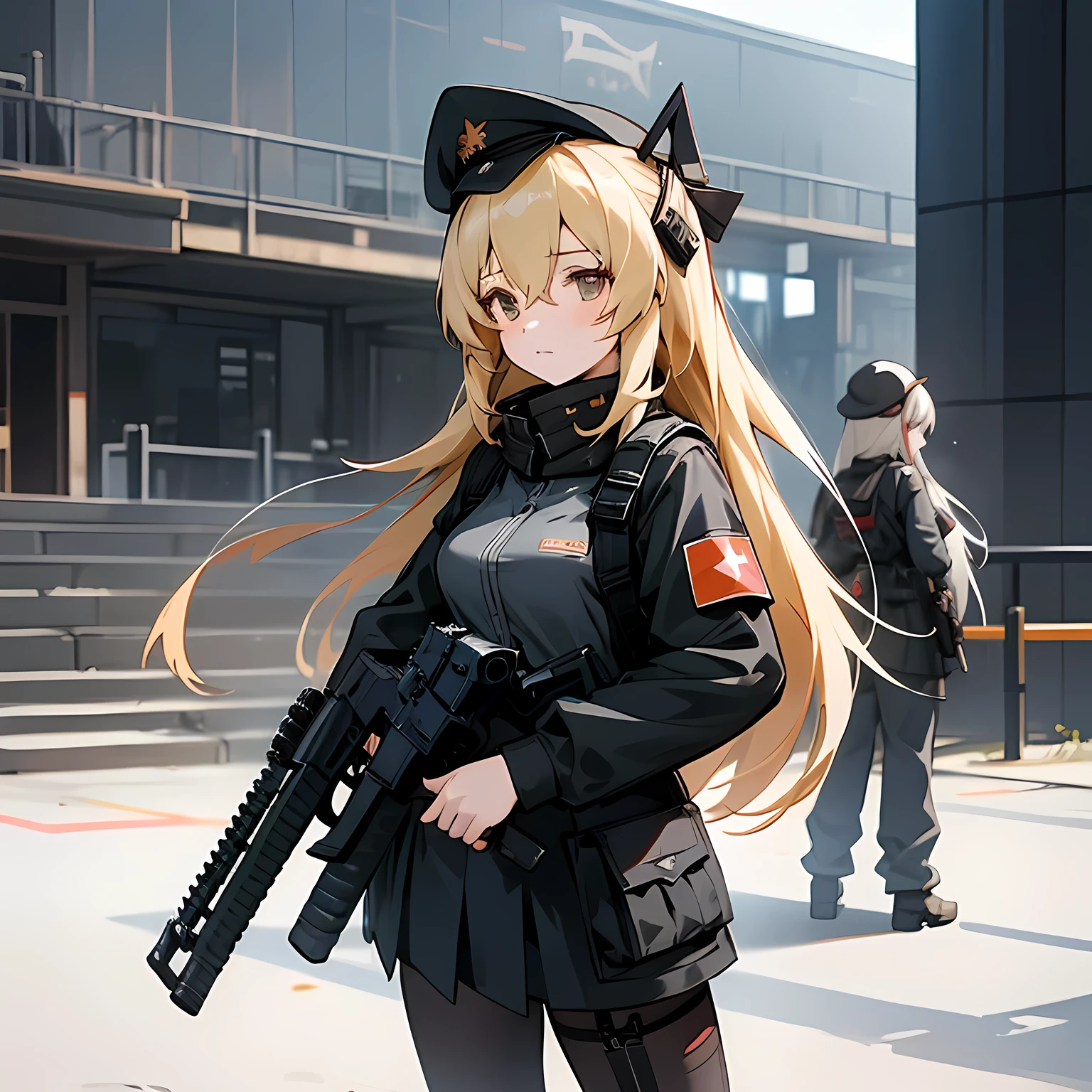 Anime girls with guns and hats standing in front of a building., frontline girls style, from frontline girls, frontline girls cg, frontline girls, fine details. frontline girls, frontline girls universe, m4 sopmod ii frontline girls, anime maid ss military, anime machine gun fire, Kantai Collection Style, de Arknights, mechanized soldier girl, infantry girl