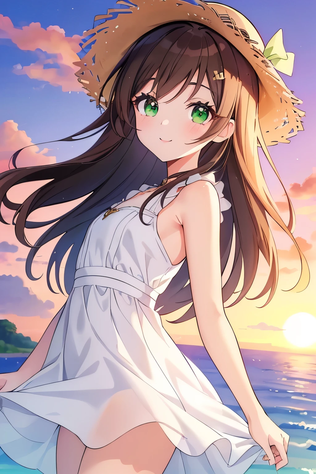 ((masterpiece, Highest quality, High resolution, 超High resolution, Pixel perfect, Written boundary depth, 4K, RTTX 10.0, High resolution))), 1 girl, single, alone, Beautiful Anime Girls, Beautiful art style, Anime characters, ((Shortcuts, bangs, Dark brown hair, Simple hairpin)), ((Green Eyes:1.4, Round eyes, Beautiful eyelashes, current eyes)), ((Smooth texture:0.75, Anime CG style)), Medium chest, ((Dynamic Angle, close)), Perfect body, (pretty girl), 1 girl, White Dress, Straw hat, Cute Smile, Sandy Beach, evening, sunset