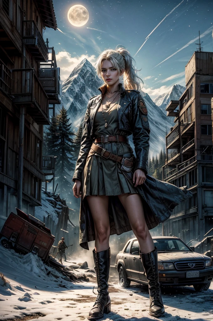 (masterpiece, best quality:1.2), cowboy shot, weissvale, expressionless, closed mouth, looking at viewer, long white hair, side ponytail, scar on eye, t-shirt, skirt, belts, boots, sword, jewelry, necklace, earrings, standing with crowd in city ruins on hill, overlooking valley, (crowd in military uniforms) BREAK night, stars, moon, snow, BREAK mountains in background, waterfall, vehicle wreck, , (crowd in military uniform), bonfires, post-apocalypse, dystopian future,