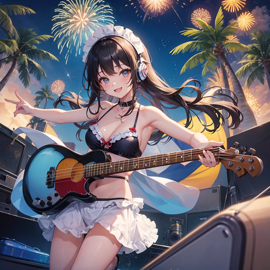 One Woman singer(Swimwear Maid clothes) Have a bass guitar headphone tropical、Outdoor Stage(evening Fireworks in the background) smile )