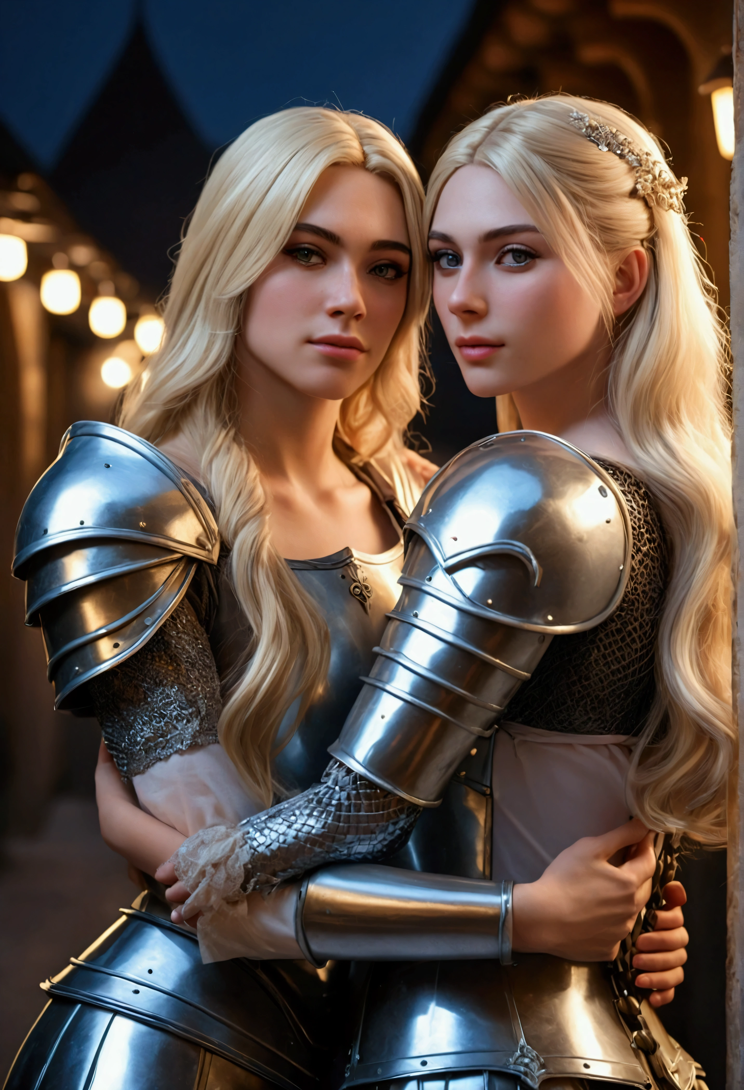 Ultra-realistic 8k cg, blonde male to female crossdresser hugging cis girlfriend, Crossdresser- perfect face, (long blonde hair), beautiful eyes, ((feminine body)), bright light:1.2, luminous lighting, (blush:0.5), medium breasts, wearing a feminine dress girlfriend- (masterpiece), (extremely intricate:1.3), (realistic), the most beautiful in the world, (medieval armour), long black hair, medium breasts, taller and bigger metal reflections, upper body, outdoors, beautifully detailed background, depth of field,realistic:1.3, long shot, 2girls, full body, (ambient light:1.3),(cinematic composition:1.3),(neon lights:0.1),(HDR:0.1), Accent Lighting, detailed skin