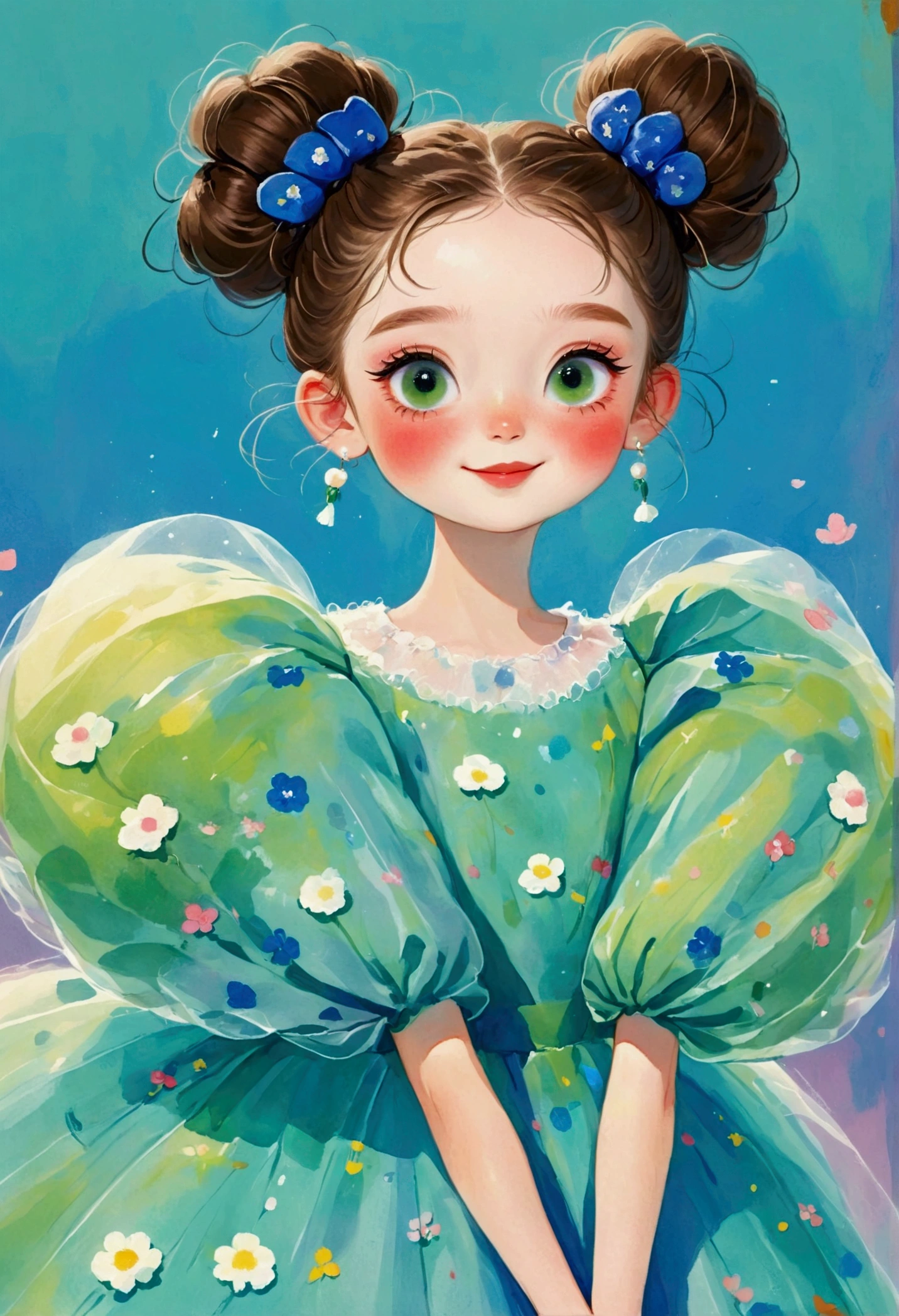 A painting，Pastel Art：(1 cute little girl,Blue pupils，Laugh out loud，High bun，Delicate hair,)，(Exaggerated dress，Puffy and exaggerated sleeves，Fluffy，Fluffy白色薄纱)，green solid color backdrop
