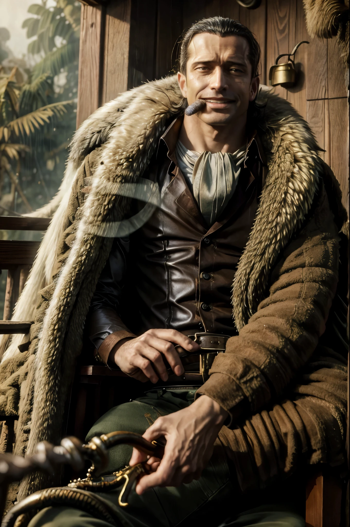 masterpiece, best quality, extremely detailed, hyperrealistic, photorealistic, a cool 40s man, ultra detailed face:1.2, fur-trimmed coat, scarf around the neck, his left hand is a golden pirate hook:1.1, cigar, wide shot, from below, living room, outside is jungle, heavy rain, sitting, sly smile, dynamic angle
