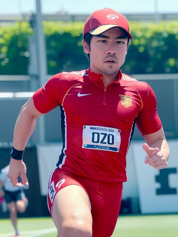 male, Sports photography, Track and field athlete, Sprint, Truck lanes, Finish Line, Audience seats, The moment of the start, Powerful ride, Red uniform, Shorts, Running shirt, Chinese Representative, full body