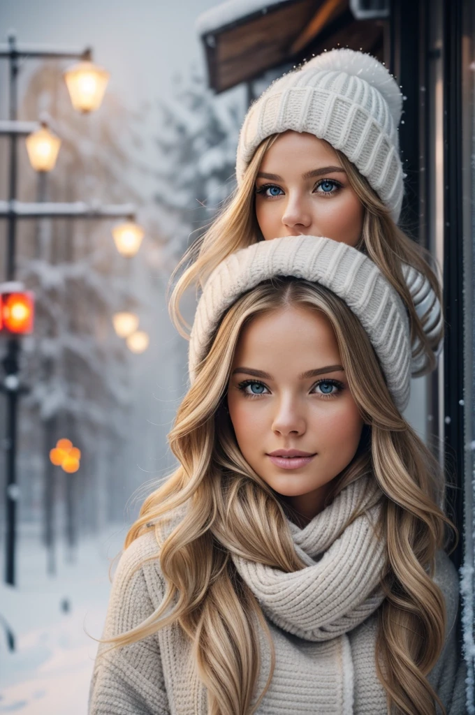professional portrait photograph of a gorgeous Norwegian girl in winter clothing with long wavy blonde hair, sultry flirty look, gorgeous symmetrical face, cute natural makeup, wearing elegant warm winter fashion clothing, ((standing outside in snowy city street)), stunning modern urban environment, ultra realistic, concept art, elegant, highly detailed, intricate, sharp focus, depth of field, f/1. 8, 85mm, medium shot, mid shot, (((professionally color graded))), bright soft diffused light, (volumetric fog), trending on instagram, hdr 4k, 8k