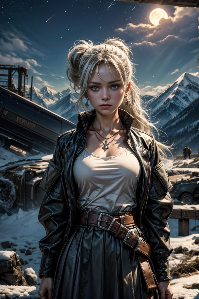 (masterpiece, best quality:1.2), cowboy shot, weissvale, expressionless, closed mouth, looking at viewer, long white hair, side ponytail, scar on eye, t-shirt, skirt, belts, jewelry, necklace, earrings, standing with crowd in city ruins on hill, overlooking valley, (crowd in military uniforms) BREAK night, stars, moon, snow, BREAK mountains in background, waterfall, vehicle wreck, , (crowd in military uniform), bonfires, post-apocalypse, dystopian future,