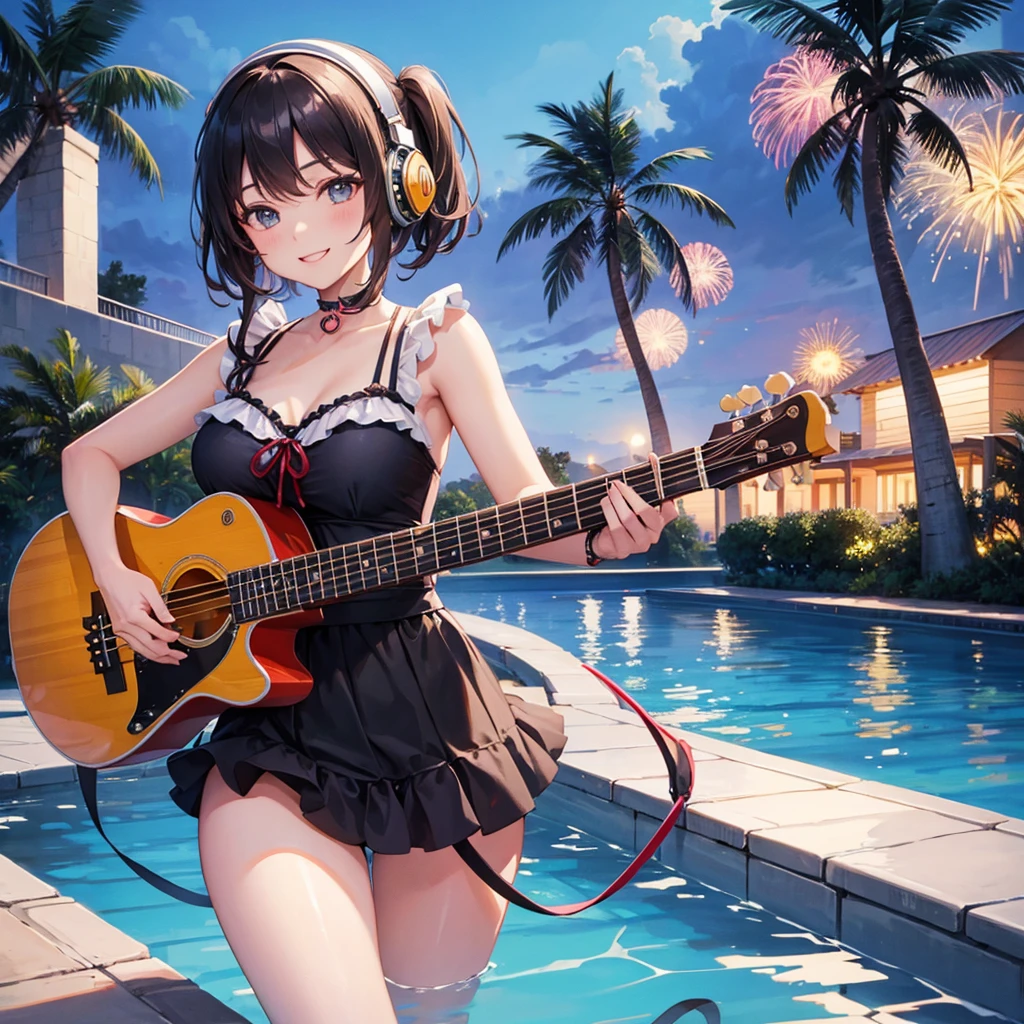 One Woman singer(Swimwear Maid clothes) Have a bass guitar headphone tropical、Outdoor Stage(evening Poolside Fireworks in the background) smile )