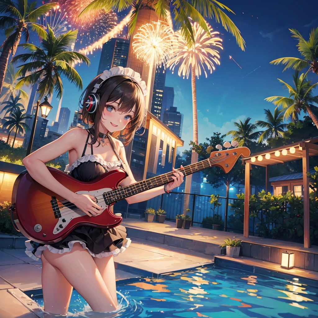 One Woman singer(Swimwear Maid clothes) Have a bass guitar headphone tropical、Outdoor Stage(evening Poolside Fireworks in the background) smile )