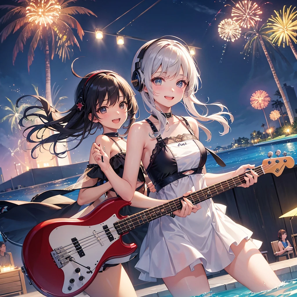 One Woman singer(Swimwear Maid clothes) Have a bass guitar headphone tropical、Outdoor Stage(evening Poolside Fireworks in the background) smile )