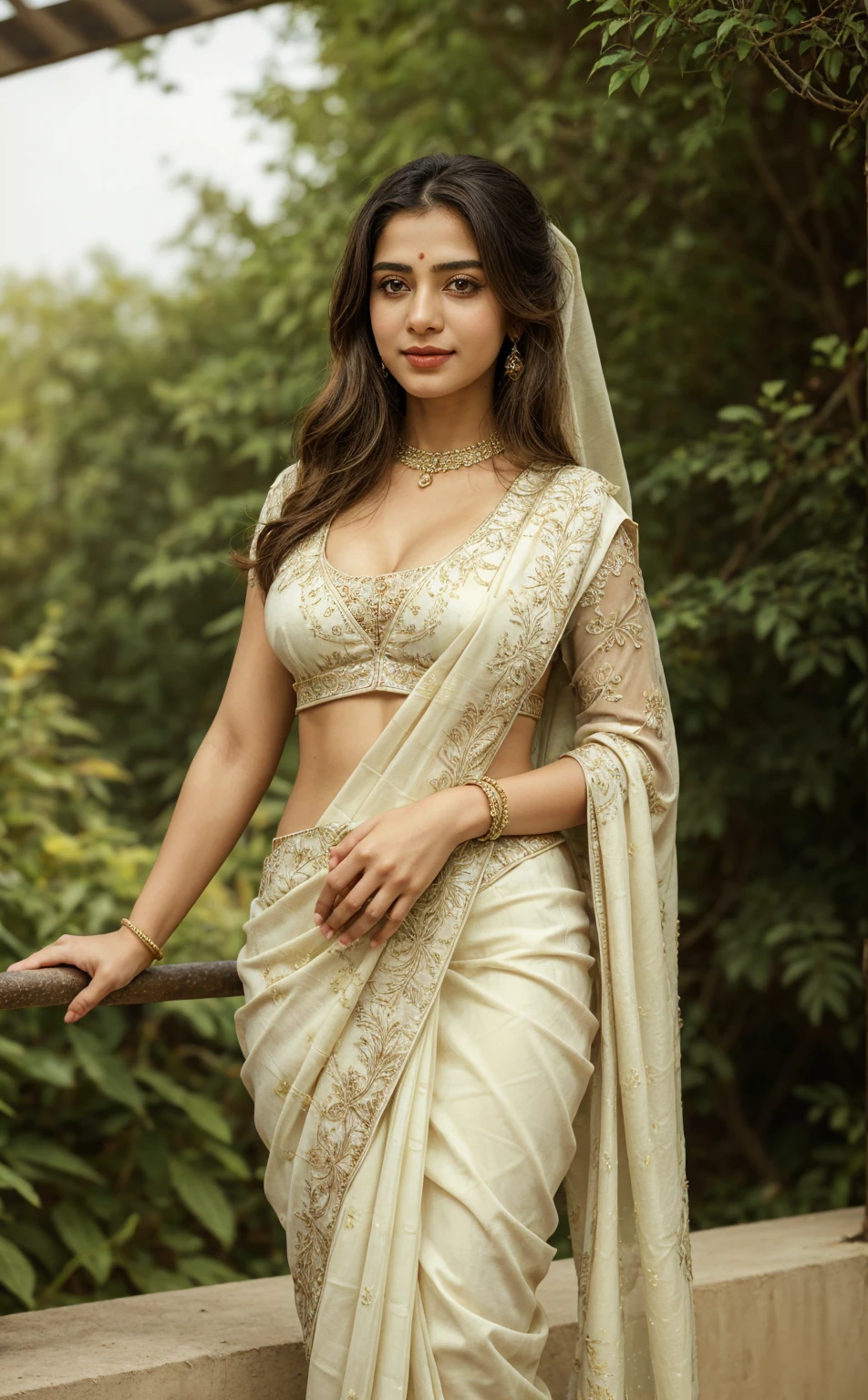 Create a masterpiece wide-angle shot of a confident and charming white Indian woman with hazel eyes. She is wearing a vibrant, elegantly draped saree that showcases her broad pelvic area and a small, tasteful cleavage, ensuring the image remains respectful and classy. The saree should be rich in color and intricate in design. Her face should exude calm and confidence, with a gentle smile.
The background should be a stunning and colorful scene, possibly a lush garden or a picturesque landscape that complements the vibrant colors of her saree. The overall color grading should be vibrant and dynamic, enhancing the beauty of the scene and the subject. The image should be captured with a wide-angle lens to include both the subject and the breathtaking background, highlighting the elegance of the woman and the surrounding scenery. Ensure the image is tasteful and respectful, focusing on the woman's elegance and charm."