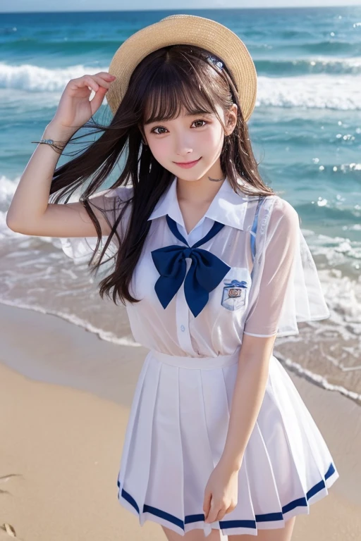 Cute Girls､high school girl､uniform､Idol､See-through､Ocean､Sandy Beach､Fluttering in the wind､swim