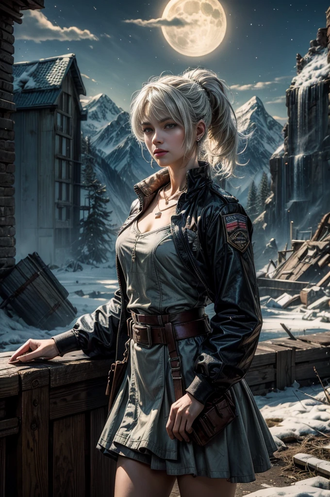 (masterpiece, best quality:1.2), cowboy shot, weissvale, expressionless, closed mouth, looking at viewer, long white hair, side ponytail, scar on eye, t-shirt, skirt, belts, jewelry, necklace, earrings, standing with crowd in city ruins on hill, overlooking valley, (crowd in military uniforms) BREAK night, stars, moon, snow, BREAK mountains in background, waterfall, vehicle wreck, , (crowd in military uniform), bonfires, post-apocalypse, dystopian future,
