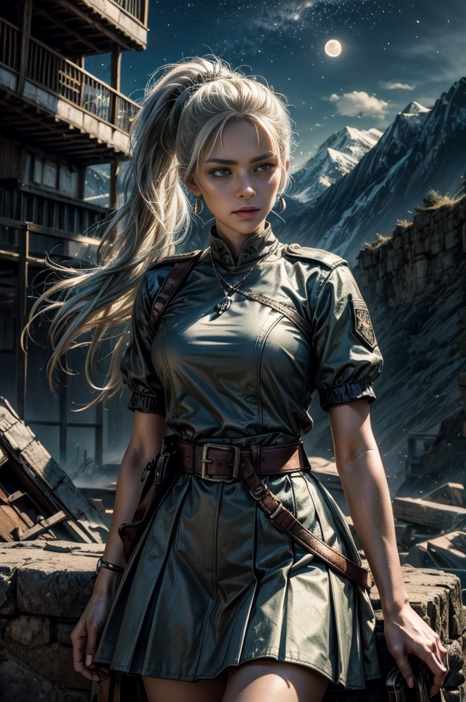 (masterpiece, best quality:1.2), cowboy shot, weissvale, expressionless, closed mouth, looking at viewer, long white hair, side ponytail, scar on eye, t-shirt, skirt, belts,  jewelry, necklace, earrings, standing with crowd in city ruins on hill, overlooking valley, (crowd in military uniforms) BREAK night, stars, moon, snow, BREAK mountains in background, waterfall, vehicle wreck, , (crowd in military uniform), bonfires, post-apocalypse, dystopian future, 