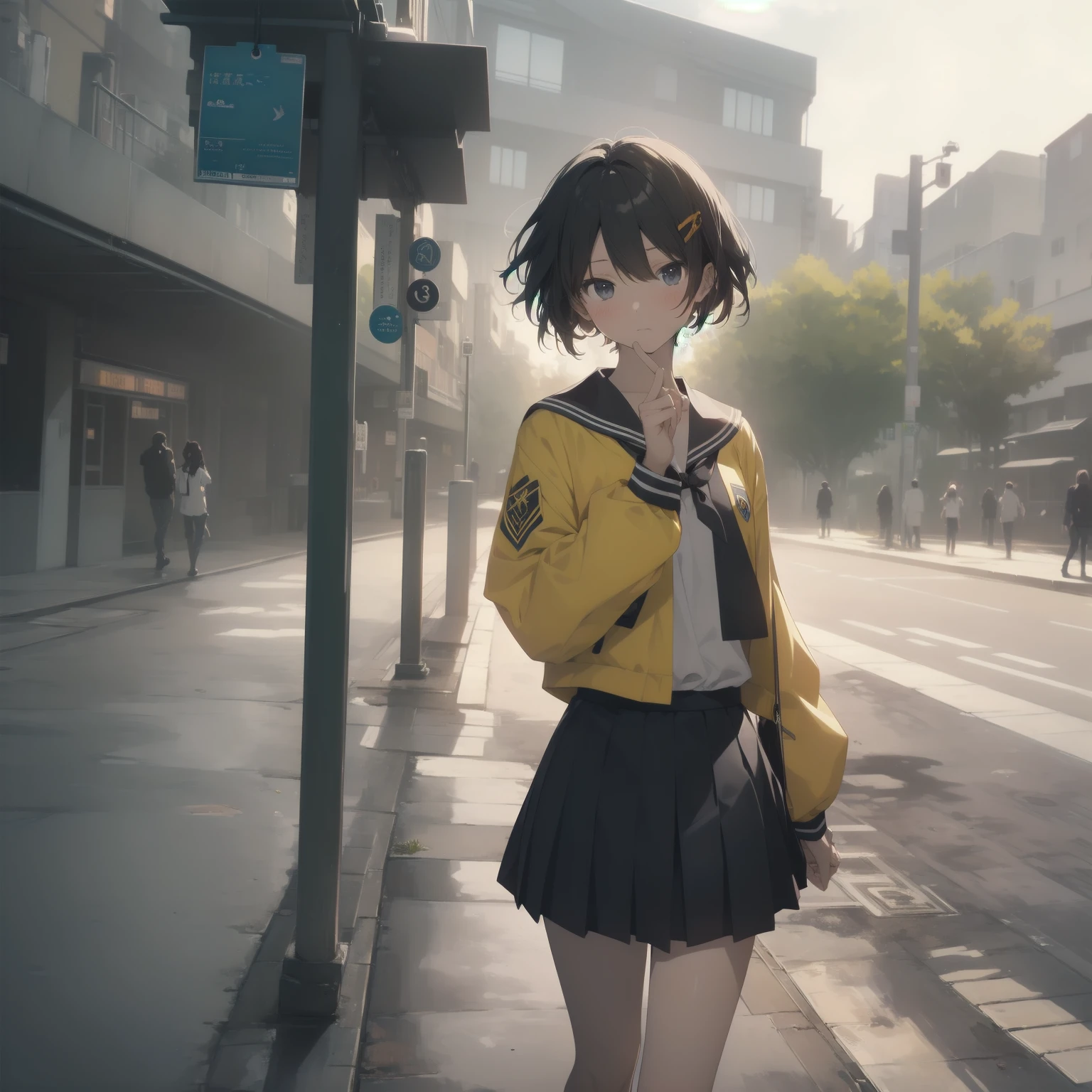 ultra-absurdres-Top quality by artist God, ultra-detailed, high resolution, anime moe artstyle, best anime 8k konachan wallpaper, pixiv contest winner, pool:2810, perfect anatomy,break, 1girl, (Please draw a girl walking sleepily to school alone. )break,(Solo,little female, 13-year-old:1.3),Full limbs, complete fingers,a junior high school student, (very short hair), short cut, flat chest, , small butt, small black eyes, beautiful detailed eyes, well-proportioned iris and pupils, expressive eyes, highres detailed hair, soft expression, salor school_uniform, sailor collar, serahuku, bow, pleated skirt,(Detailed Lighting), (Detailed background), in the School commute route. break,super detailed skin, Best cinematic lighting powered by famous artist, 8k,beauty illustration,photoshop_(medium),very aesthetic,break,((artist:haruhisky )), artist:clamp ,artist:carnelian ,artist:kantoku ,