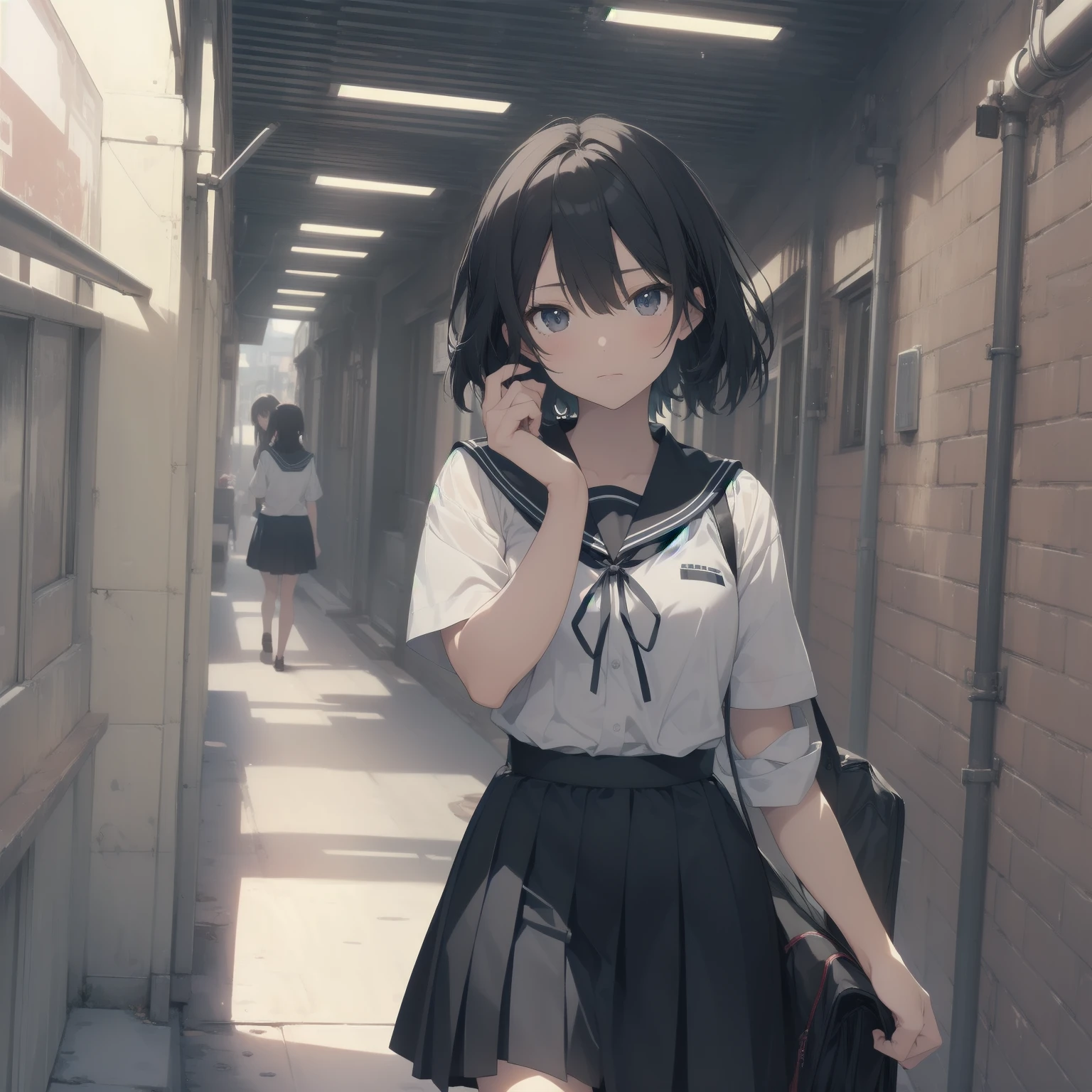 ultra-absurdres-Top quality by artist God, ultra-detailed, high resolution, anime moe artstyle, best anime 8k konachan wallpaper, pixiv contest winner, pool:2810, perfect anatomy,break, 1girl, (Please draw a girl walking sleepily to school alone. )break,(Solo,little female, :1.3),Full limbs, complete fingers,a junior high school student, (very short hair), short cut, flat chest, , small butt, smallck eyes, beautiful detailed eyes, well-proportioned iris and pupils, expressive eyes, highres detailed hair, soft expression, salor school_uniform, sailor collar, serahuku, bow, pleated skirt,(Detailed Lighting), (Detailed background), in the School commute route. break,super detailed skin, Best cinematic lighting powered by famous artist, 8k,beauty illustration,photoshop_(medium),very aesthetic,break,((artist:haruhisky )), artist:clamp ,artist:carnelian ,artist:kantoku ,
