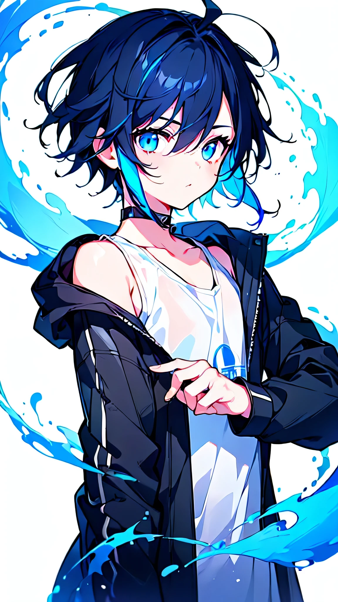 [(WHITE BACKGROUND:1.5),::5], ((((masterpiece)))), high quality, ultra very high resolution, full color, (((solo))), ((little boy)), BLACK hair, ((Blue streaked hair)), (oriental deepblue eyes), anime, ((upper body)), Summer clothes, neon light, black parka,
