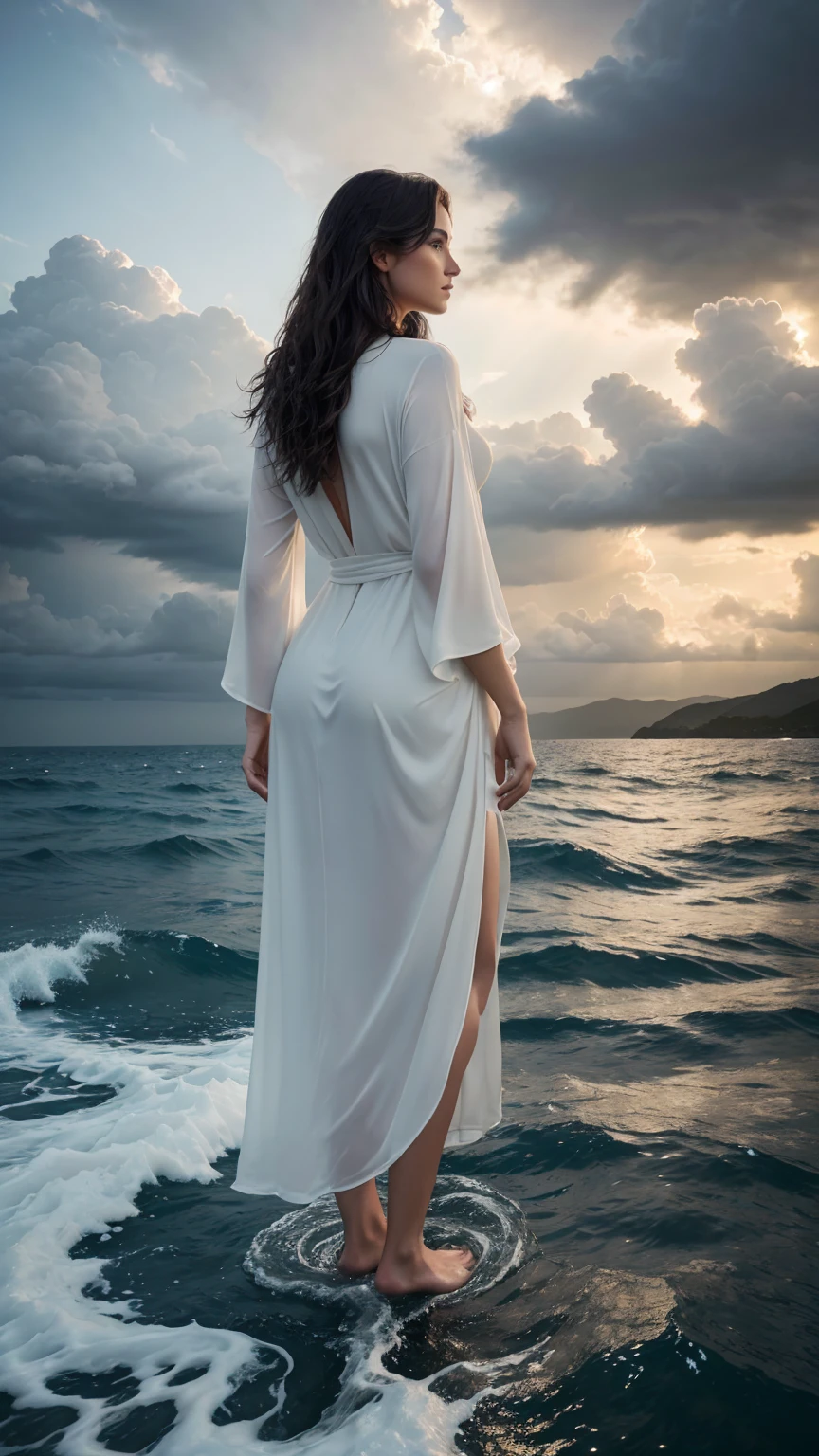 best quality,4k,8k,Ultra high resolution ,masterpiece:1.2),ultra-detailed,(realistic,photorealistic,photo-realistic:1.4),
A beautiful tall woman in a long robe stands on the waves of the sea. The sky is covered with dark clouds. Full Body Back View, Back View,Full body back view,back view, Hyper-realistic photography, gentle soft natural lightning, real photo,Cinematic style,realistic environment,low contrast, 32k resolution , highly detailed, realistic dress. Ultrarealistic water, tall hills