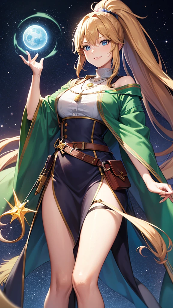 Colorful portrait illustration, (attractive female as a Wizard, ponytail, wear_length_Flowing_green_Complicated_Embroidered_Wizard_Robe), (necklace, Pouch, belt, smile, Very detailed face, masterpiece, Highest quality), Very detailed, (In the dungeons), magician_Grams, (A large, glowing circle of runes), Fire and Ice, Casting a Spell, Ultra-high resolution, Alexandre Karame、Alyssa Monks、Shigeru Ban