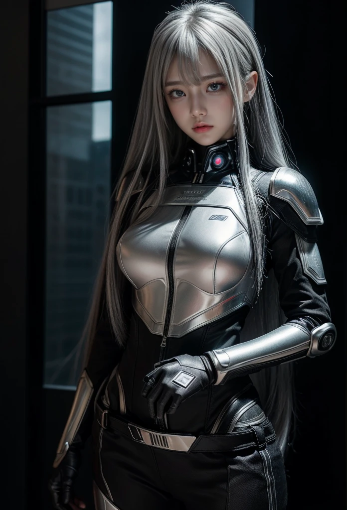 cyber angel,machine wing,{{Sci-Fi Armor}},cyber suit,cyberpunk,science fiction,cyber battle armor,Battledress,Military Uniforms,pants,black military uniform,whole body,Height: 168cm,almond shape eyes,{{{{{silver eyes}}}}},{{{{{dull bangs}}}}},(slanted eyes},{{whole body},{{{1 girl}}}, long hair, straight hair,{{{{silver hair}}}},{{{tsurime}}},30 years old,{Medium chest},{{bush}},silver eyes,{{{masterpiece}}}, {{{highest quality}}}, {{Super detailed}}, {shape}, {{very delicate and beautiful}},very detailed,detailed perfect,detailed hyper,Abundant thighs,big ass,black clothes